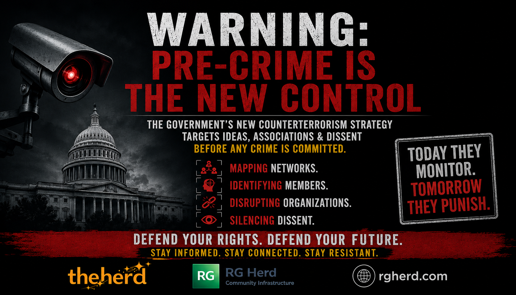 RG Herd alert artwork warning that pre-crime logic turns dissent into a security target