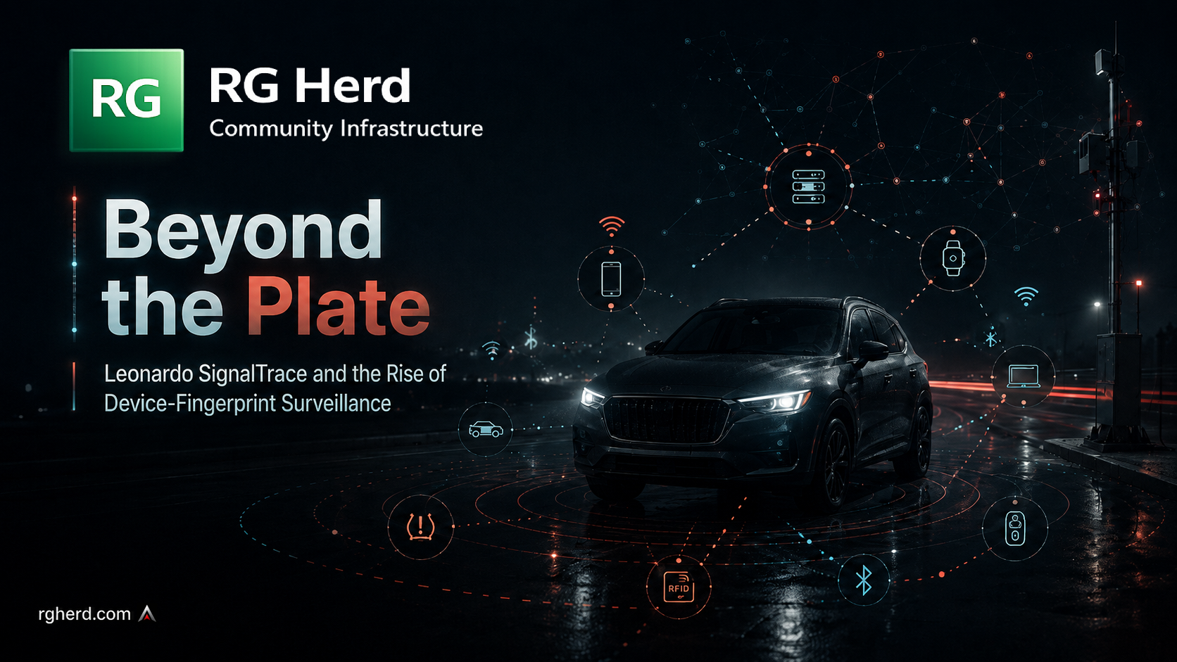 Illustration of a vehicle surrounded by correlated wireless device signals feeding a surveillance analysis system